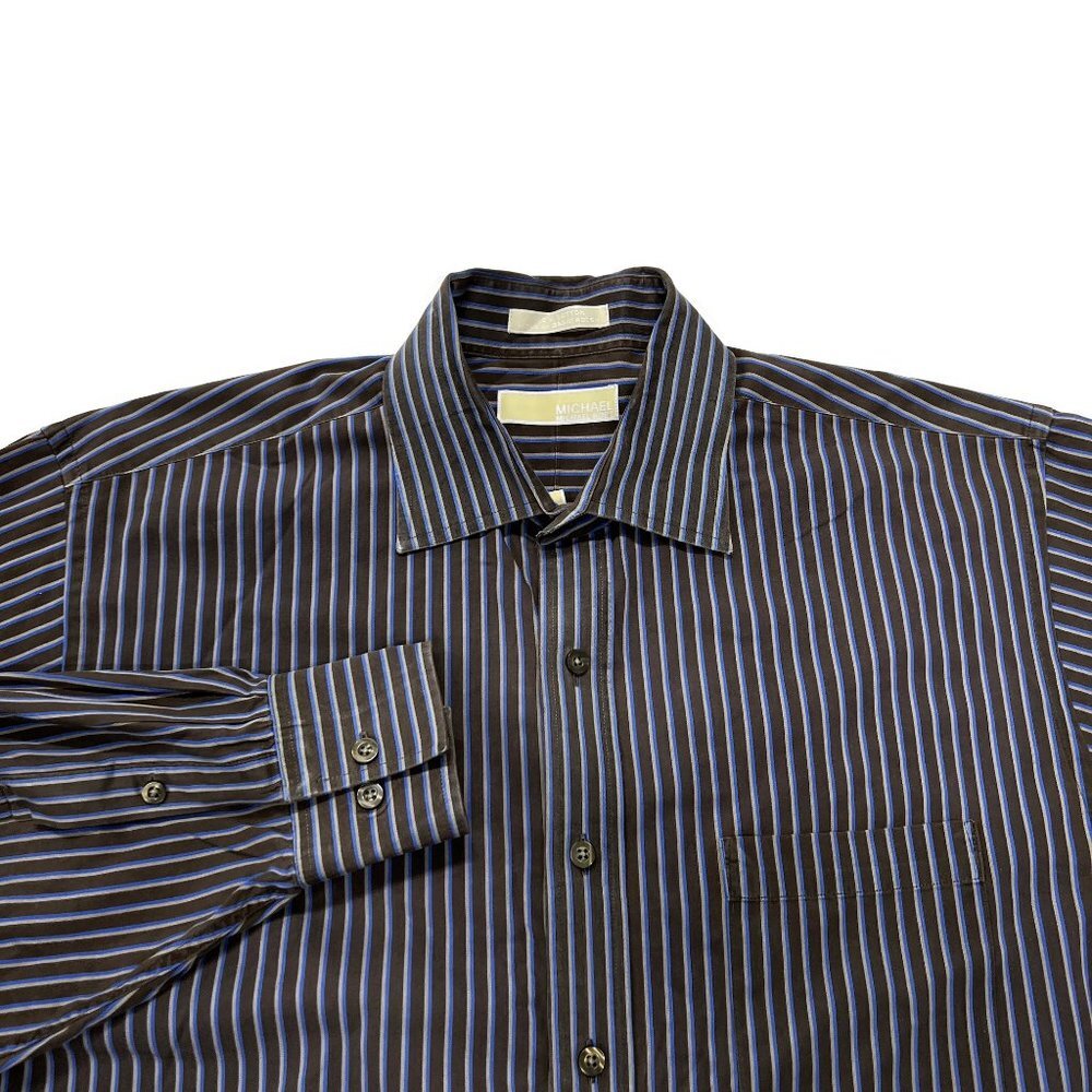 Michael Kors Button Up Shirt Mens 17 34 -35 XL Brown Striped Cotton L/S